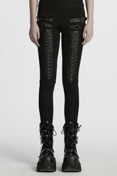 Black Buckle Straps Pleated Women's Punk Leggings